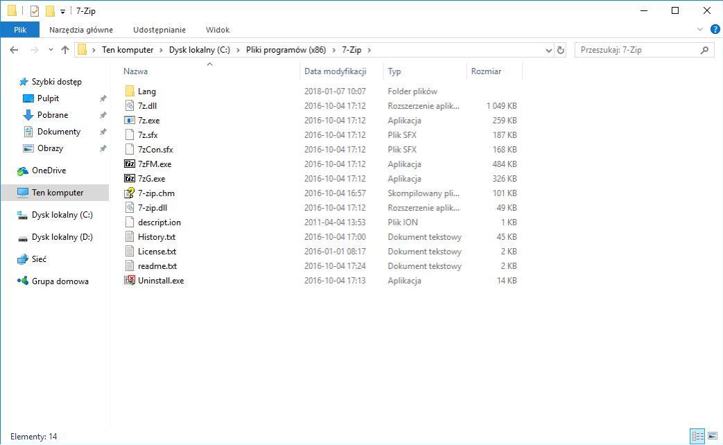 Okienko z listą plików programu, który został zainstalowany, wśród nich znajduje się plik 7zFM.exe
